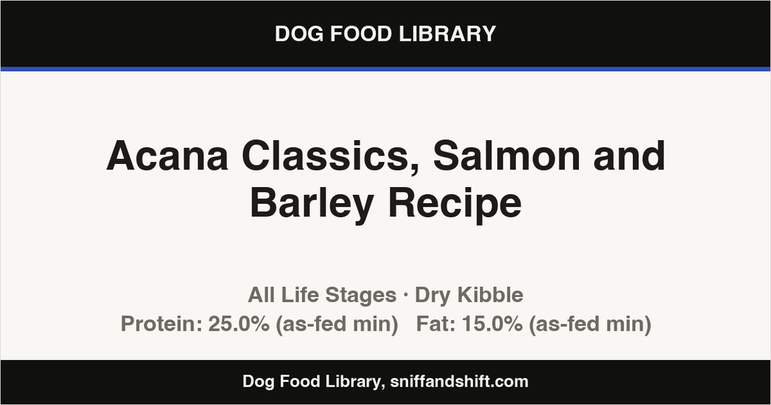 Spec card for Acana Classics, Salmon and Barley Recipe: Dry Kibble, All Life Stages