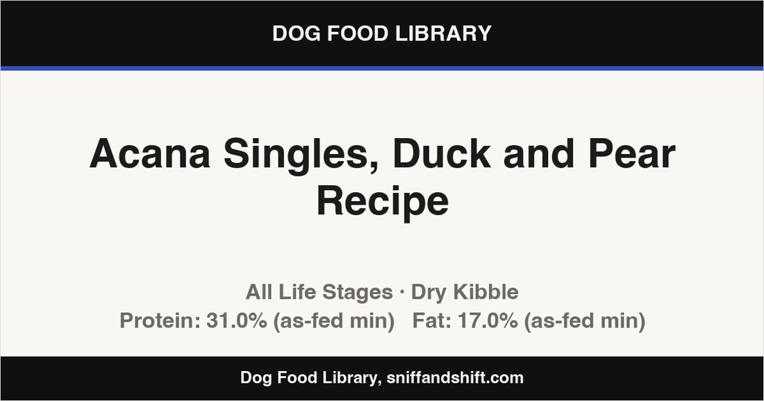 Spec card for Acana Singles, Duck and Pear Recipe: Dry Kibble, All Life Stages