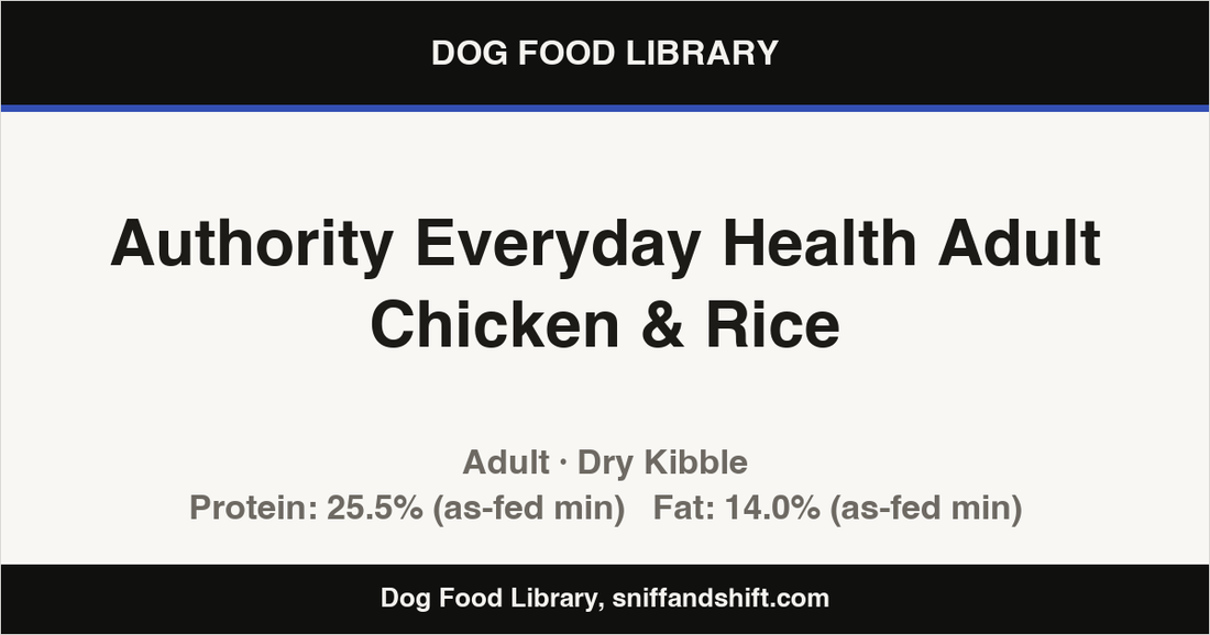 Spec card for Authority Everyday Health Adult Chicken & Rice: Dry Kibble, Adult