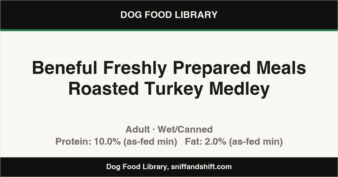 Spec card for Beneful Freshly Prepared Meals Roasted Turkey Medley: Wet/Canned, Adult