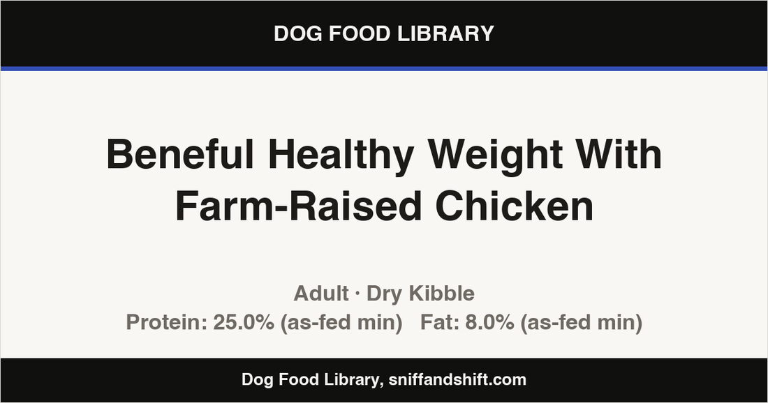 Spec card for Beneful Healthy Weight With Farm-Raised Chicken: Dry Kibble, Adult