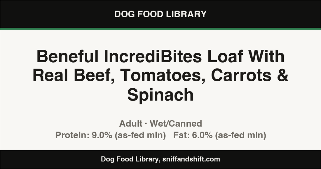 Spec card for Beneful IncrediBites Loaf With Real Beef, Tomatoes, Carrots & Spinach: Wet/Canned, Adult