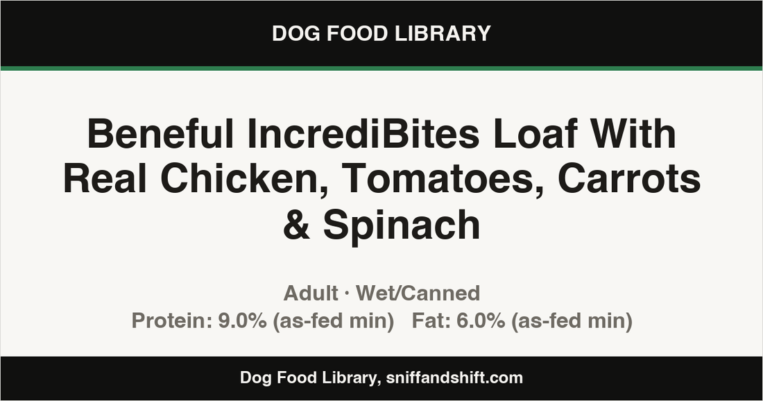 Spec card for Beneful IncrediBites Loaf With Real Chicken, Tomatoes, Carrots & Spinach: Wet/Canned, Adult