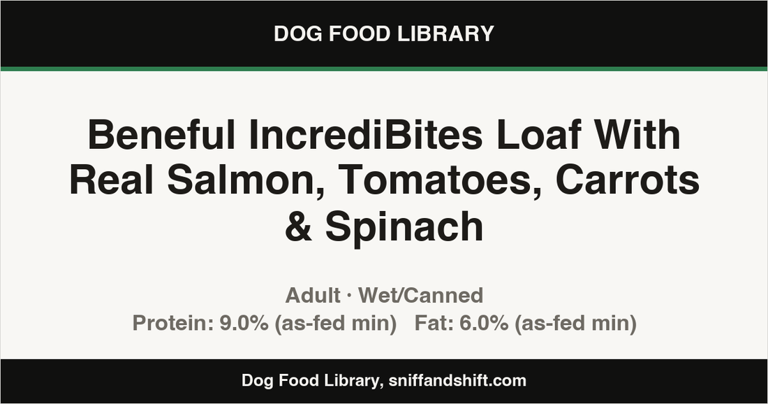 Spec card for Beneful IncrediBites Loaf With Real Salmon, Tomatoes, Carrots & Spinach: Wet/Canned, Adult