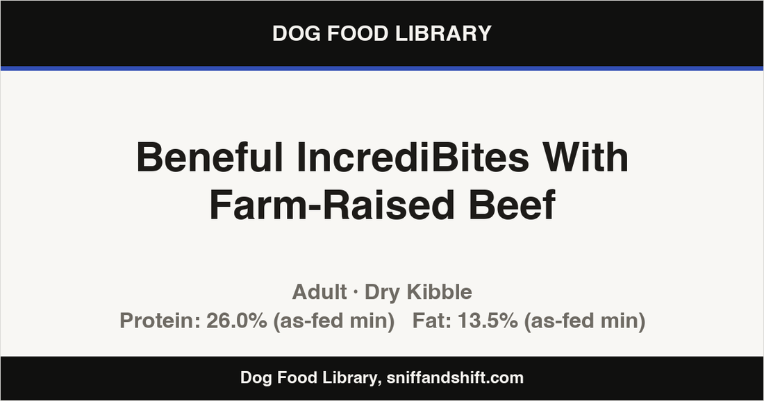Spec card for Beneful IncrediBites With Farm-Raised Beef: Dry Kibble, Adult