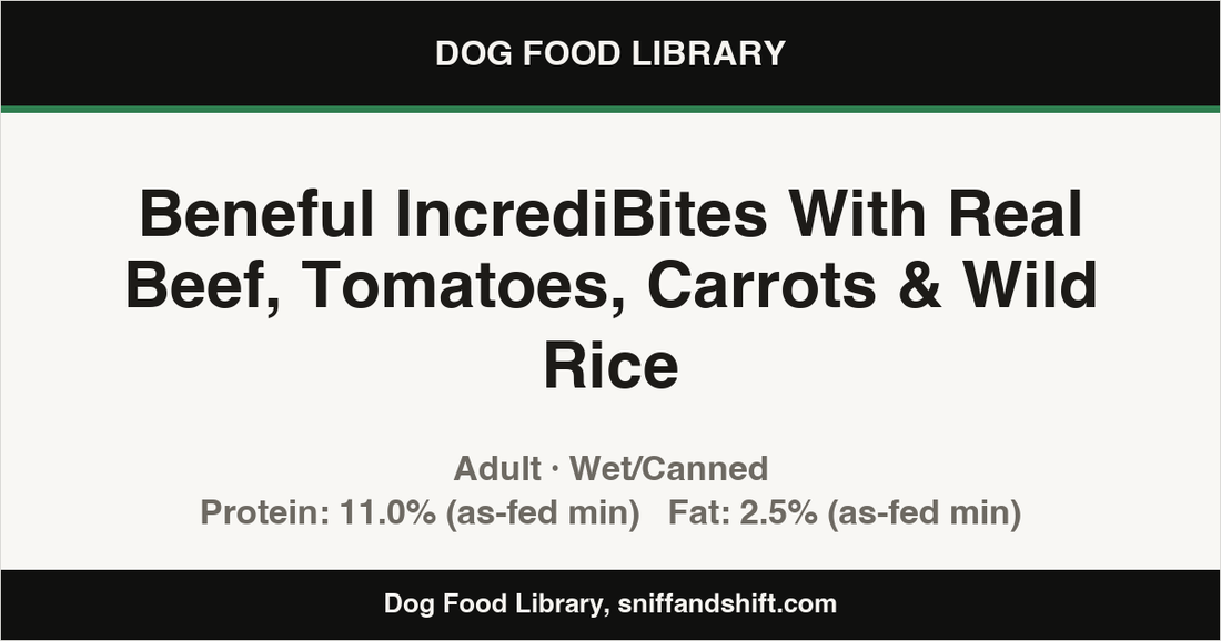 Spec card for Beneful IncrediBites With Real Beef, Tomatoes, Carrots & Wild Rice: Wet/Canned, Adult