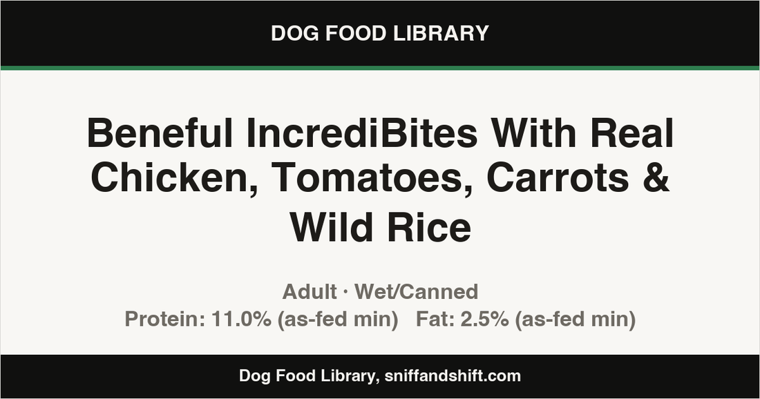 Spec card for Beneful IncrediBites With Real Chicken, Tomatoes, Carrots & Wild Rice: Wet/Canned, Adult
