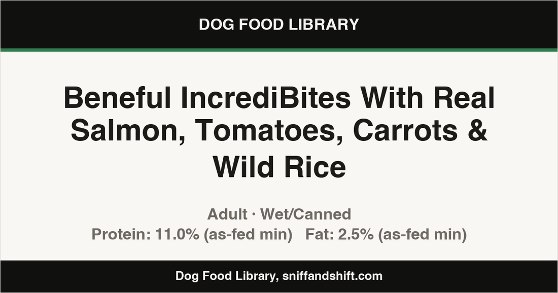 Spec card for Beneful IncrediBites With Real Salmon, Tomatoes, Carrots & Wild Rice: Wet/Canned, Adult