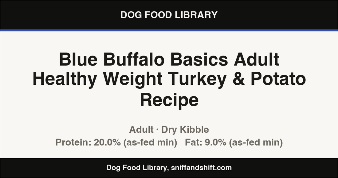 Spec card for Blue Buffalo Basics Adult Healthy Weight Turkey & Potato Recipe: Dry Kibble, Adult