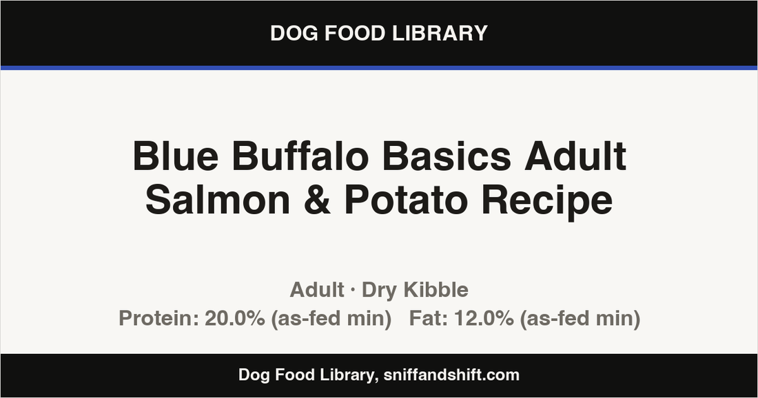 Spec card for Blue Buffalo Basics Adult Salmon & Potato Recipe: Dry Kibble, Adult
