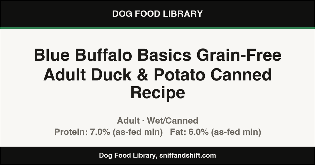 Spec card for Blue Buffalo Basics Grain-Free Adult Duck & Potato Canned Recipe: Wet/Canned, Adult