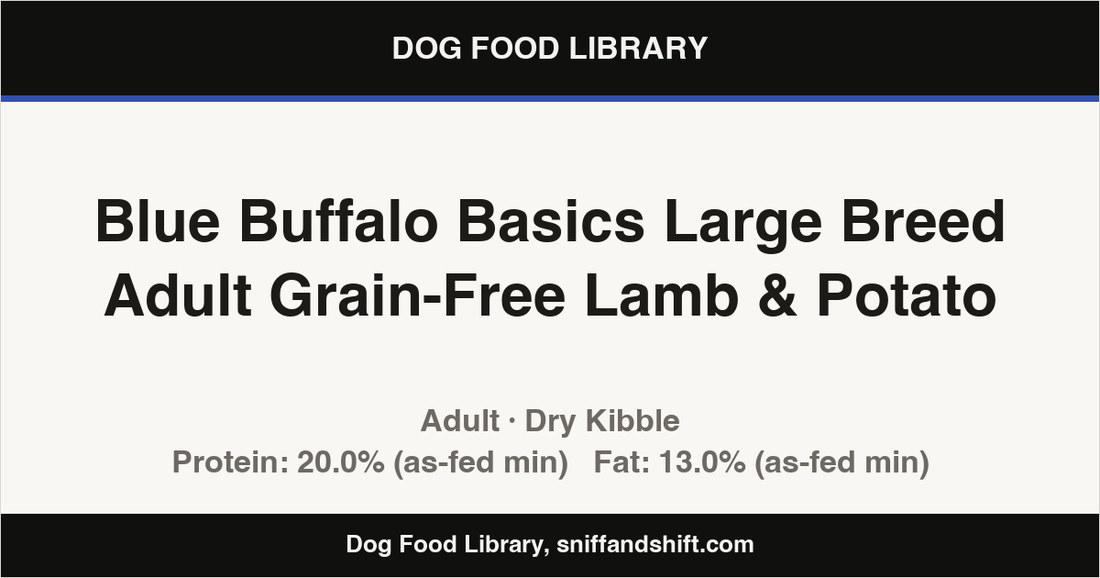 Spec card for Blue Buffalo Basics Large Breed Adult Grain-Free Lamb & Potato: Dry Kibble, Adult