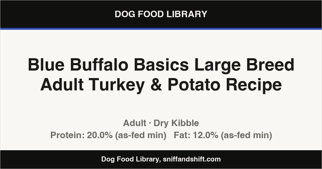 Spec card for Blue Buffalo Basics Large Breed Adult Turkey & Potato Recipe: Dry Kibble, Adult