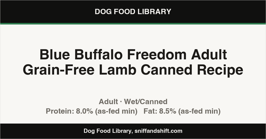 Spec card for Blue Buffalo Freedom Adult Grain-Free Lamb Canned Recipe: Wet/Canned, Adult