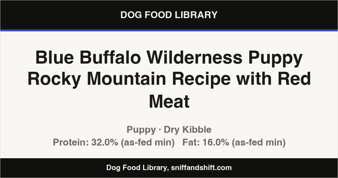 Spec card for Blue Buffalo Wilderness Puppy Rocky Mountain Recipe with Red Meat: Dry Kibble, Puppy