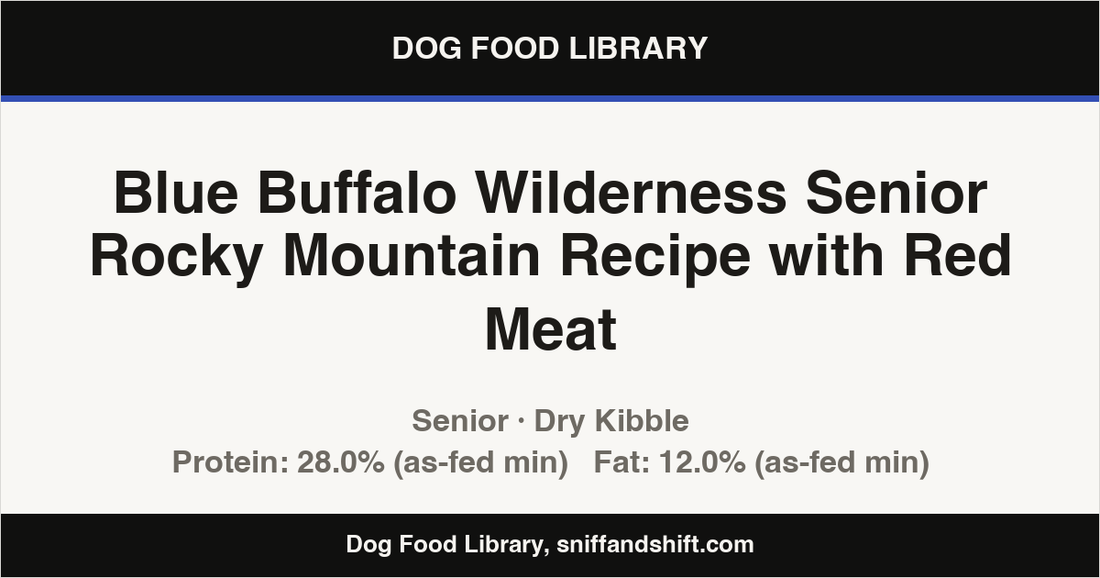 Spec card for Blue Buffalo Wilderness Senior Rocky Mountain Recipe with Red Meat: Dry Kibble, Senior