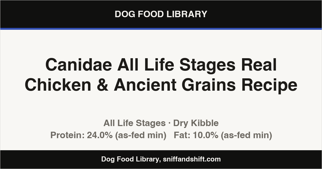 Spec card for Canidae All Life Stages Real Chicken & Ancient Grains Recipe: Dry Kibble, All Life Stages