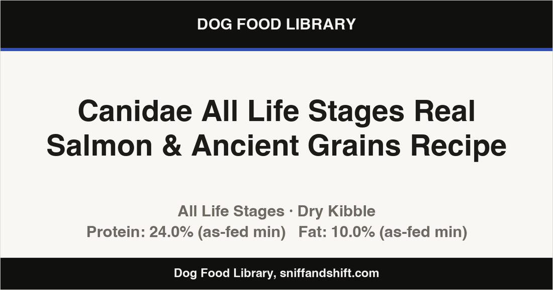 Spec card for Canidae All Life Stages Real Salmon & Ancient Grains Recipe: Dry Kibble, All Life Stages