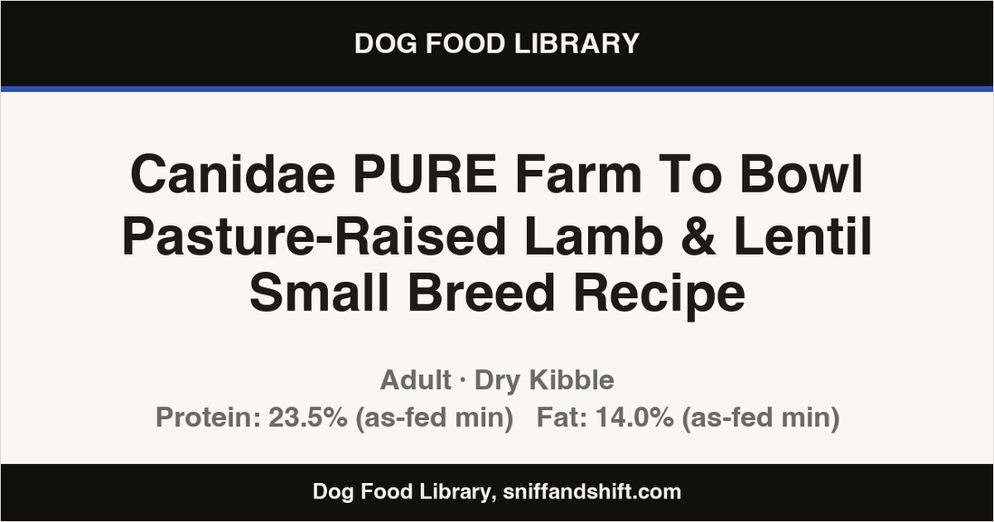 Spec card for Canidae PURE Farm To Bowl Pasture-Raised Lamb & Lentil Small Breed Recipe: Dry Kibble, Adult