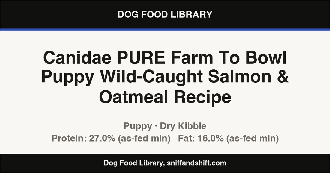 Spec card for Canidae PURE Farm To Bowl Puppy Wild-Caught Salmon & Oatmeal Recipe: Dry Kibble, Puppy