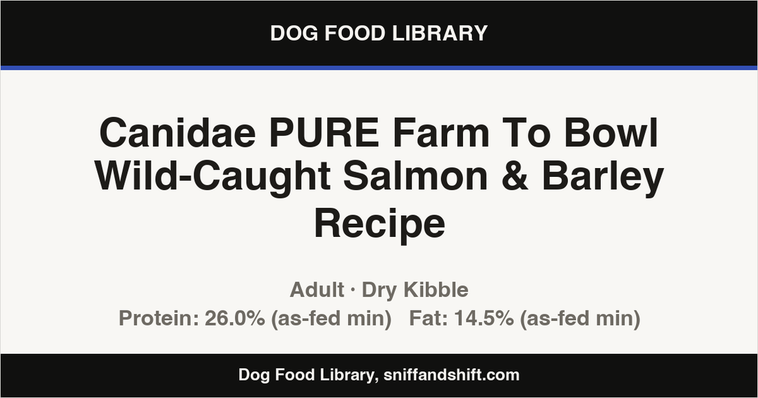 Spec card for Canidae PURE Farm To Bowl Wild-Caught Salmon & Barley Recipe: Dry Kibble, Adult