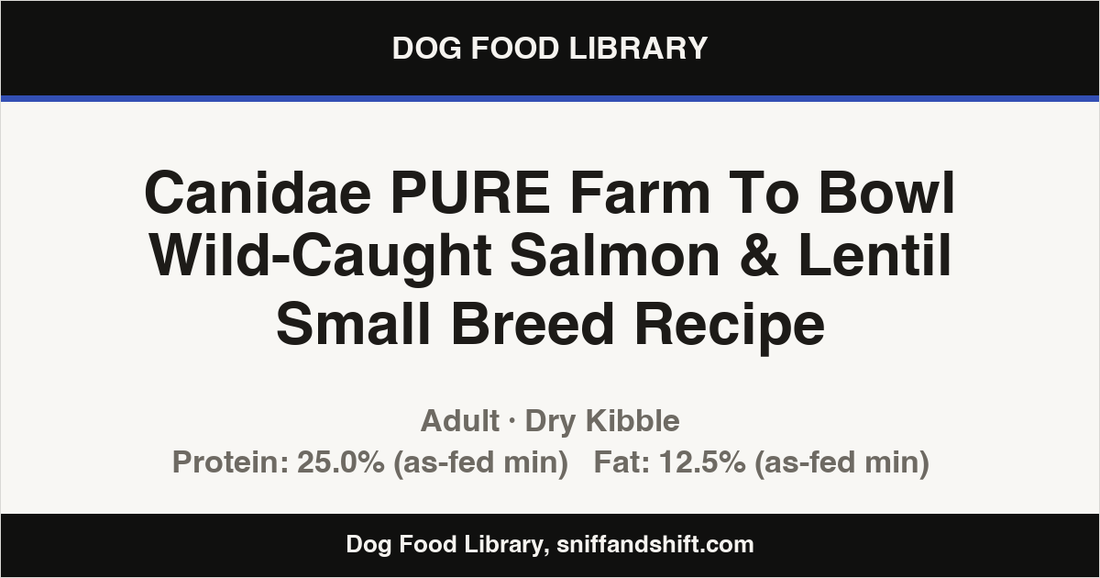 Spec card for Canidae PURE Farm To Bowl Wild-Caught Salmon & Lentil Small Breed Recipe: Dry Kibble, Adult