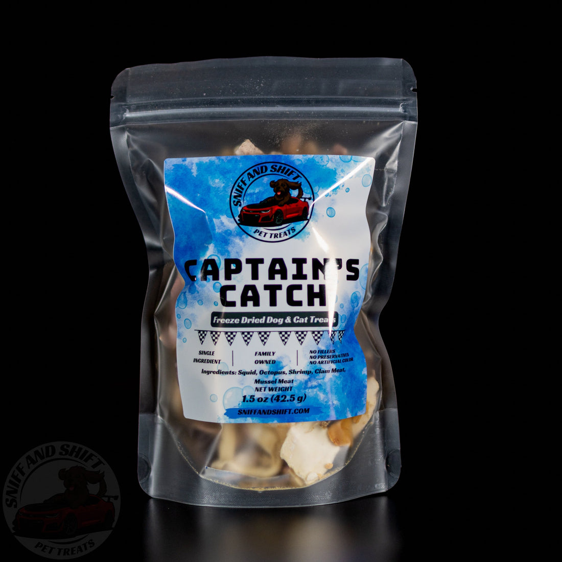 Front of the Captain's Catch freeze-dried seafood medley bag for dogs and cats