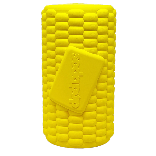 Yellow SodaPup Corn on the Cob rubber treat dispenser with a textured kernel surface, used as the search toy