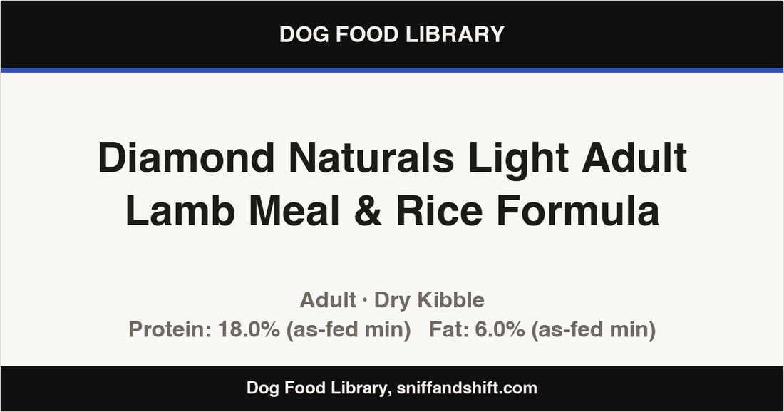 Spec card for Diamond Naturals Light Adult Lamb Meal & Rice Formula: Dry Kibble, Adult