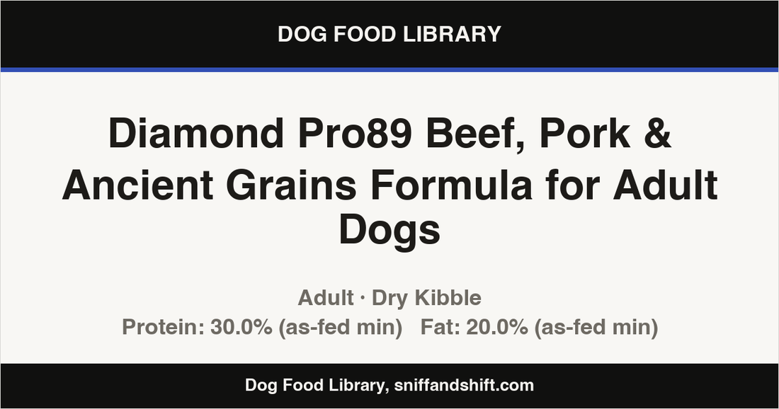 Spec card for Diamond Pro89 Beef, Pork & Ancient Grains Formula for Adult Dogs: Dry Kibble, Adult