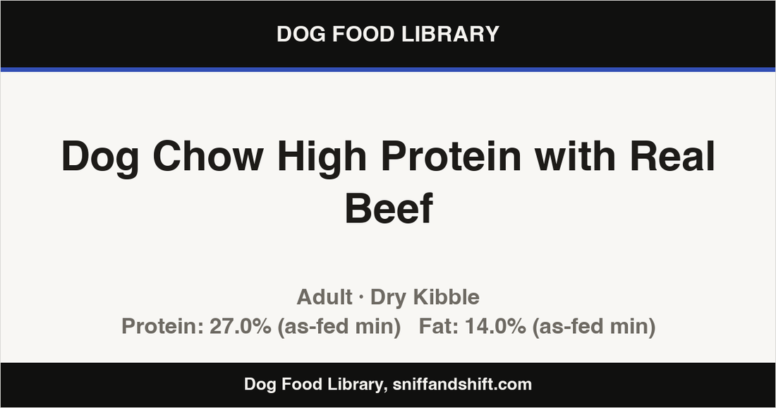 Spec card for Dog Chow High Protein with Real Beef: Dry Kibble, Adult