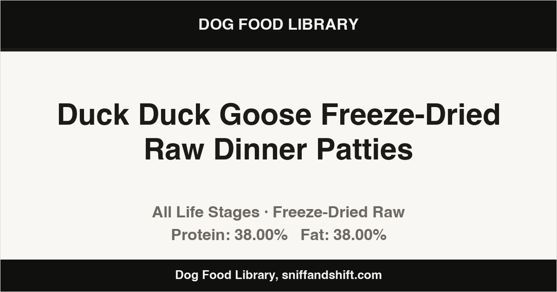 Spec card for Duck Duck Goose Freeze-Dried Raw Dinner Patties: Freeze-Dried Raw, All Life Stages