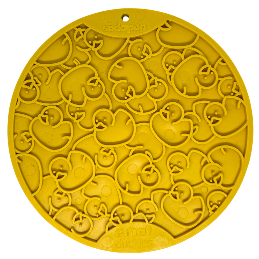 Yellow SodaPup Rubber Duckies lick mat with suction cups for a tub wall