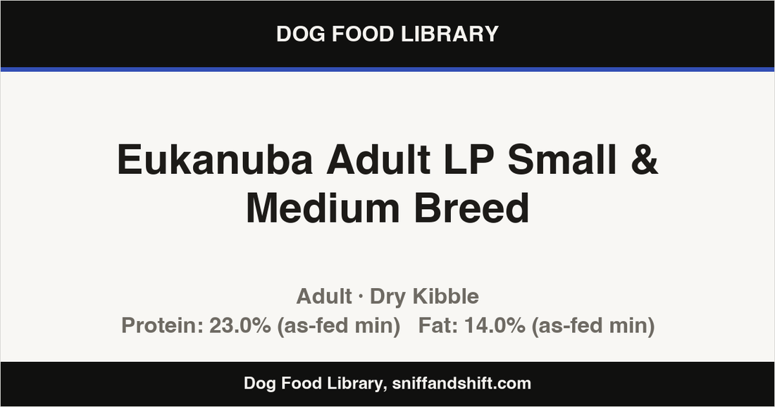 Spec card for Eukanuba Adult LP Small & Medium Breed: Dry Kibble, Adult
