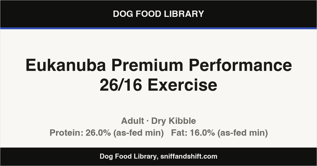 Spec card for Eukanuba Premium Performance 26/16 Exercise: Dry Kibble, Adult