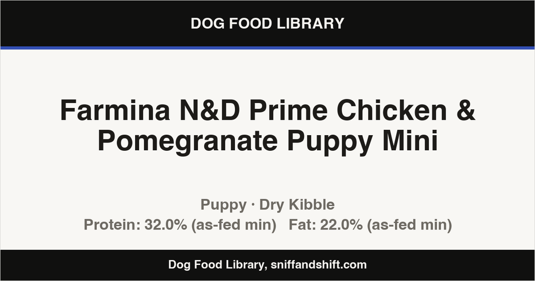 Spec card for Farmina N&D Prime Chicken & Pomegranate Puppy Mini: Dry Kibble, Puppy