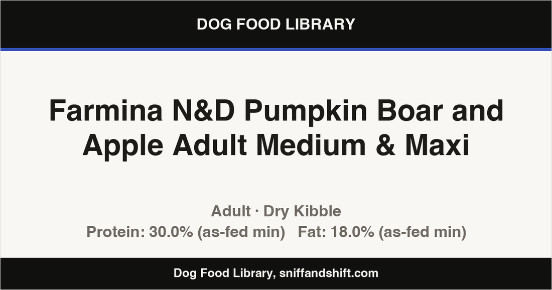 Spec card for Farmina N&D Pumpkin Boar and Apple Adult Medium & Maxi: Dry Kibble, Adult