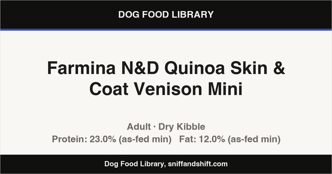 Spec card for Farmina N&D Quinoa Skin & Coat Venison Mini: Dry Kibble, Adult