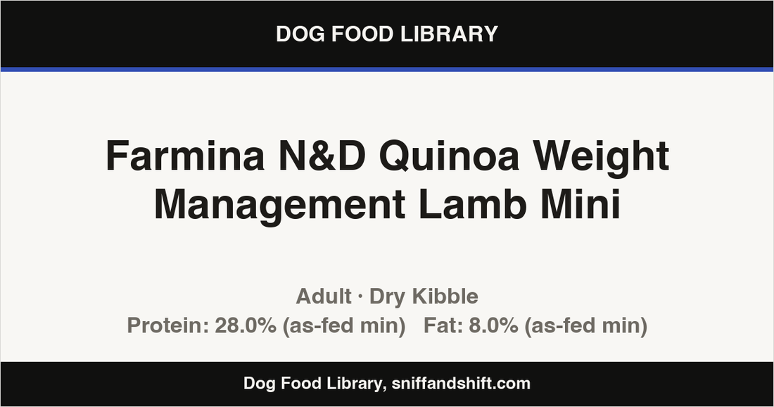 Spec card for Farmina N&D Quinoa Weight Management Lamb Mini: Dry Kibble, Adult