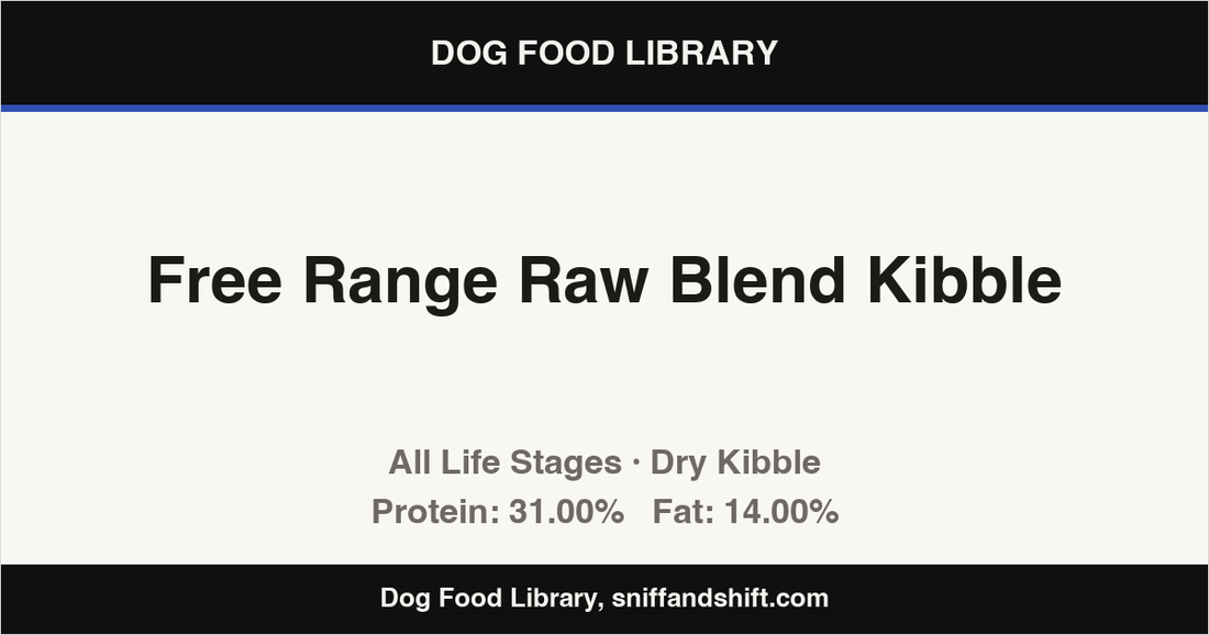 Spec card for Free Range Raw Blend Kibble: Dry Kibble, All Life Stages