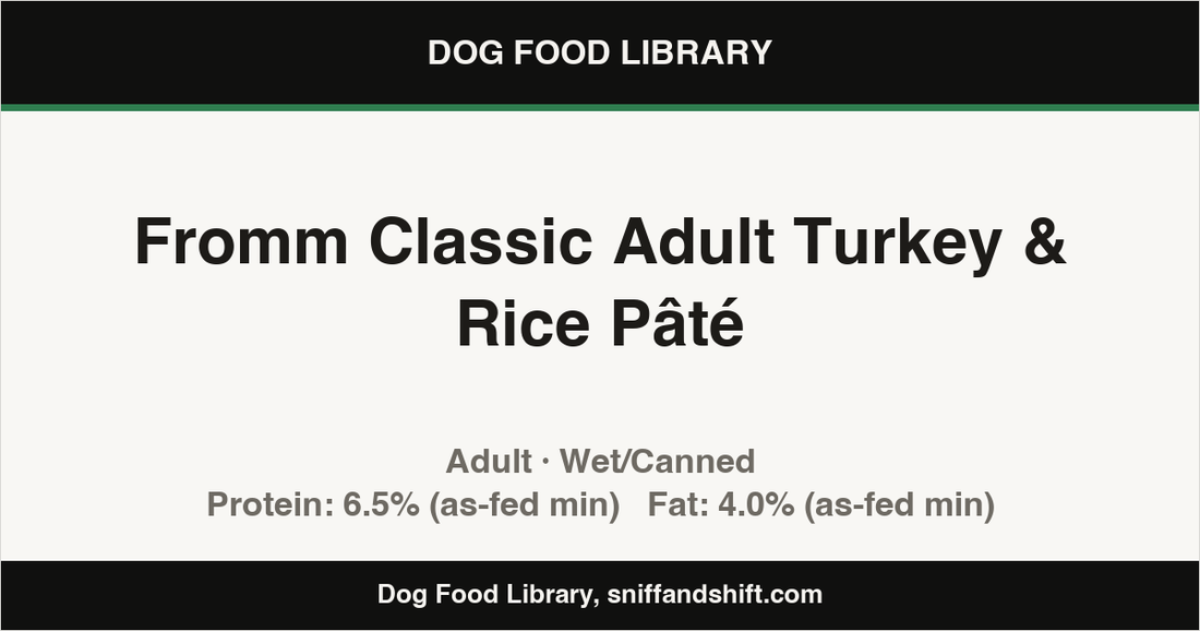 Spec card for Fromm Classic Adult Turkey & Rice Pâté: Wet/Canned, Adult