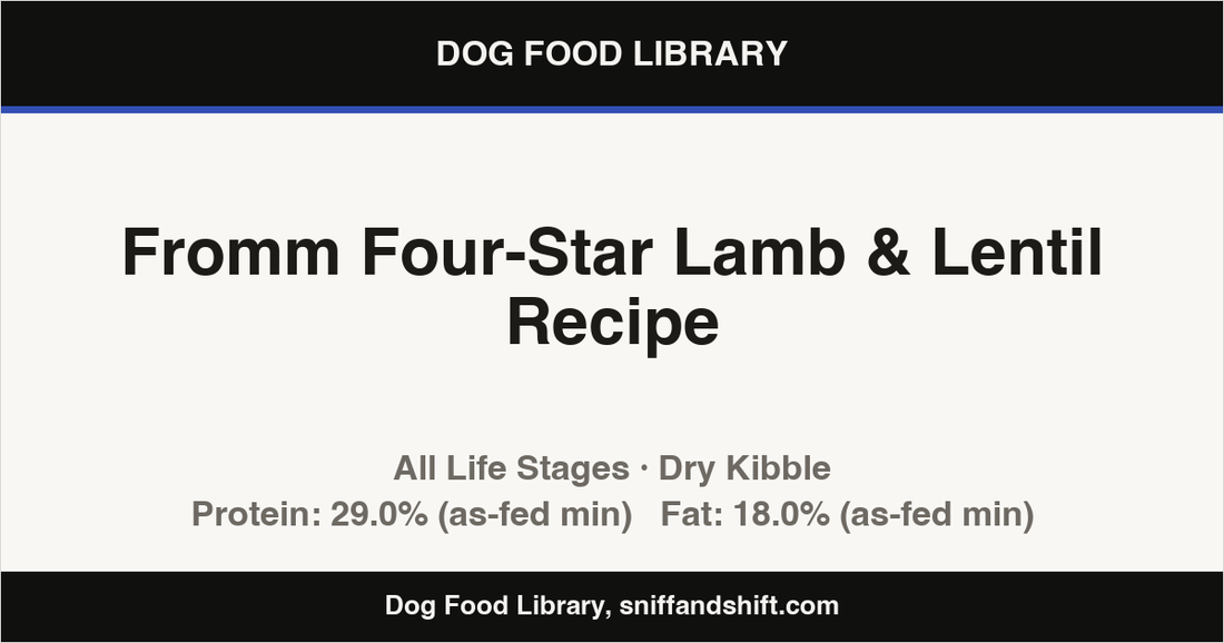 Spec card for Fromm Four-Star Lamb & Lentil Recipe: Dry Kibble, All Life Stages