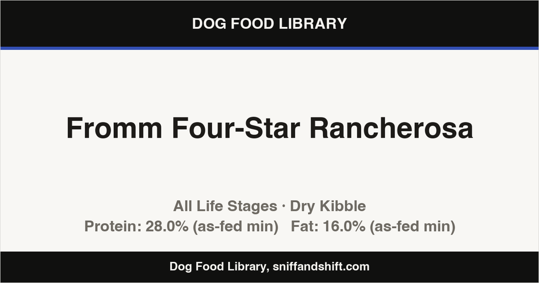 Spec card for Fromm Four-Star Rancherosa: Dry Kibble, All Life Stages