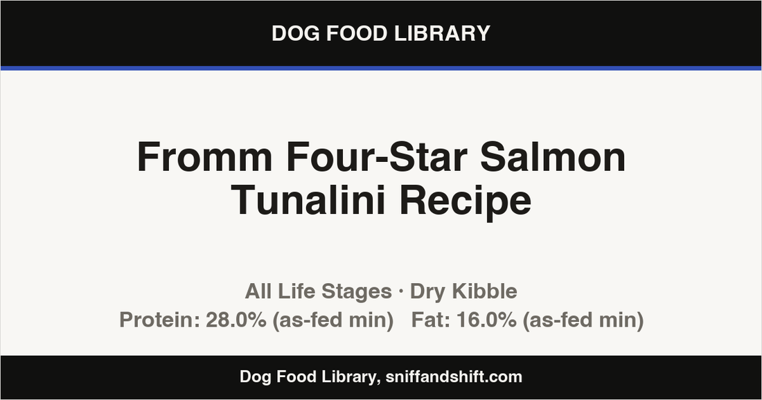 Spec card for Fromm Four-Star Salmon Tunalini Recipe: Dry Kibble, All Life Stages