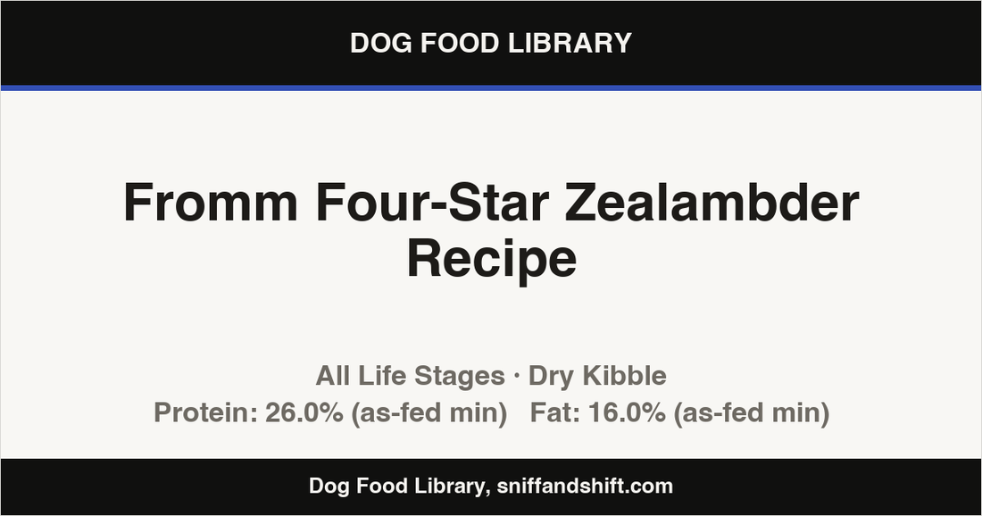 Spec card for Fromm Four-Star Zealambder Recipe: Dry Kibble, All Life Stages