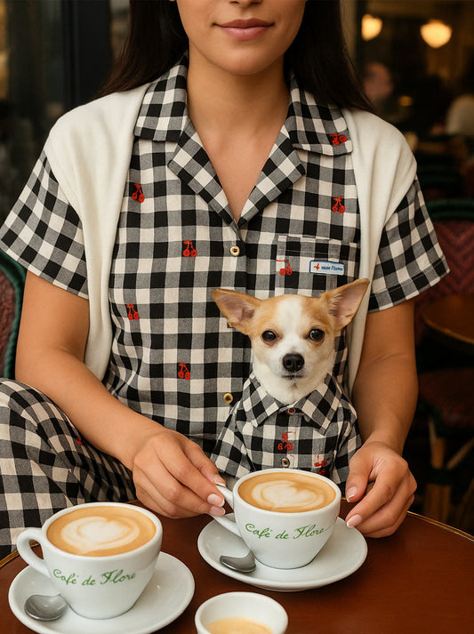 Sweet Dreams dog pajama in an embroidered cherry print on retro checker