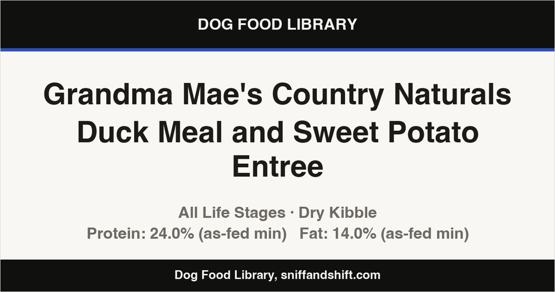Spec card for Grandma Mae's Country Naturals Duck Meal and Sweet Potato Entree: Dry Kibble, All Life Stages