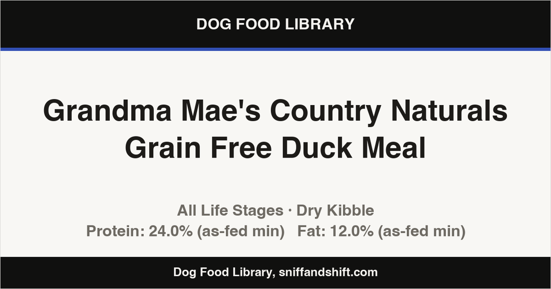 Spec card for Grandma Mae's Country Naturals Grain Free Duck Meal: Dry Kibble, All Life Stages