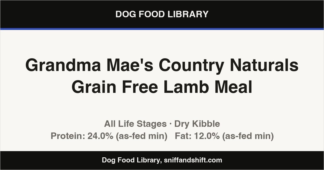Spec card for Grandma Mae's Country Naturals Grain Free Lamb Meal: Dry Kibble, All Life Stages