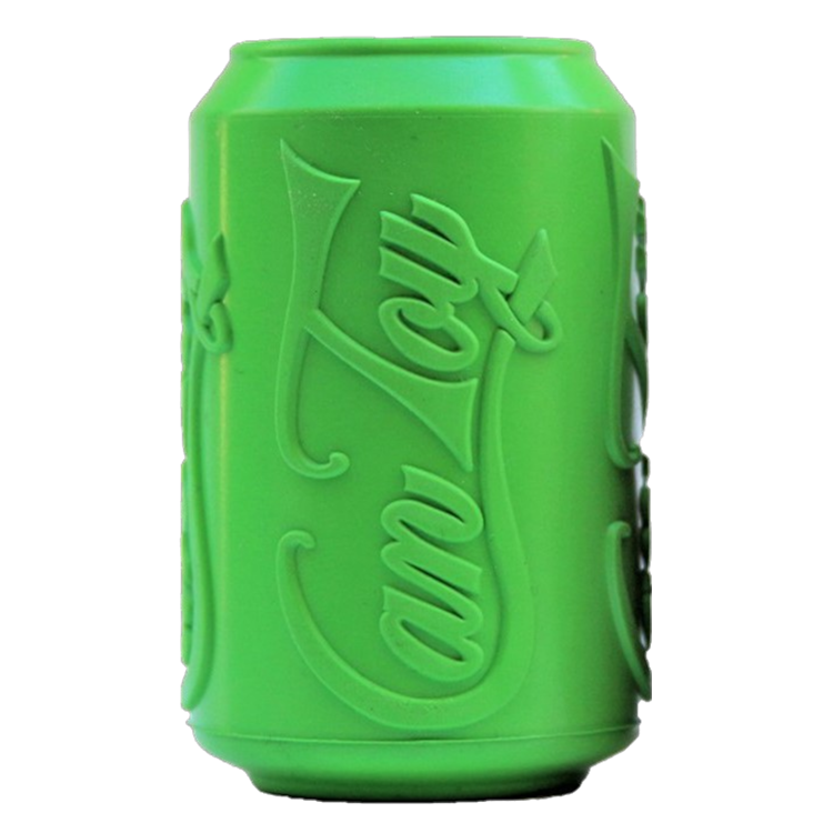 Green rubber Can Toy treat dispenser shaped like a soda can, with an open cavity for kibble